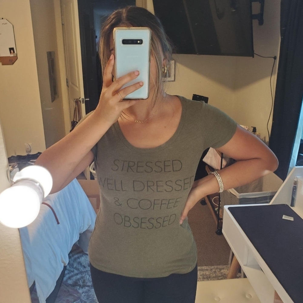 Stressed Well Dressed and Coffee Obsessed fall green scoop neck short sleeve tee